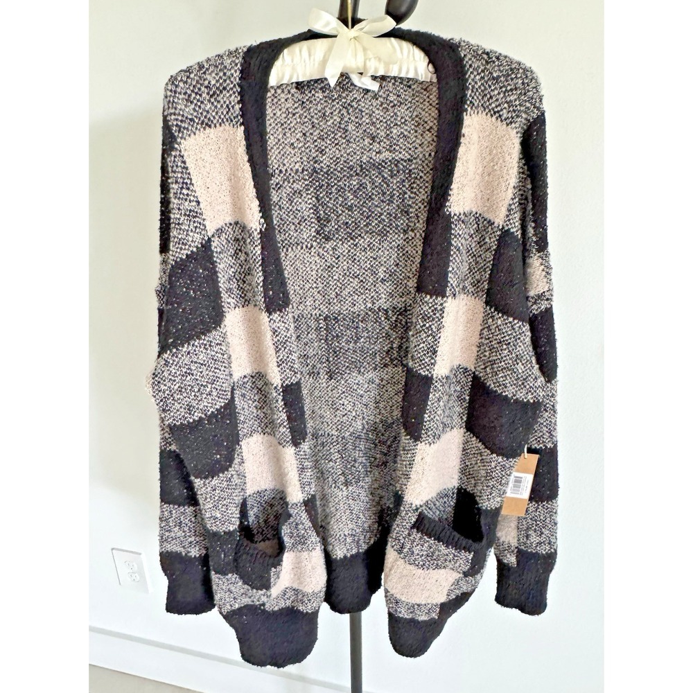 NWT Dreamers by Debut Buffalo Plaid Open Front Cardigan Sweater Black Cream 1XL - Picture 2 of 11